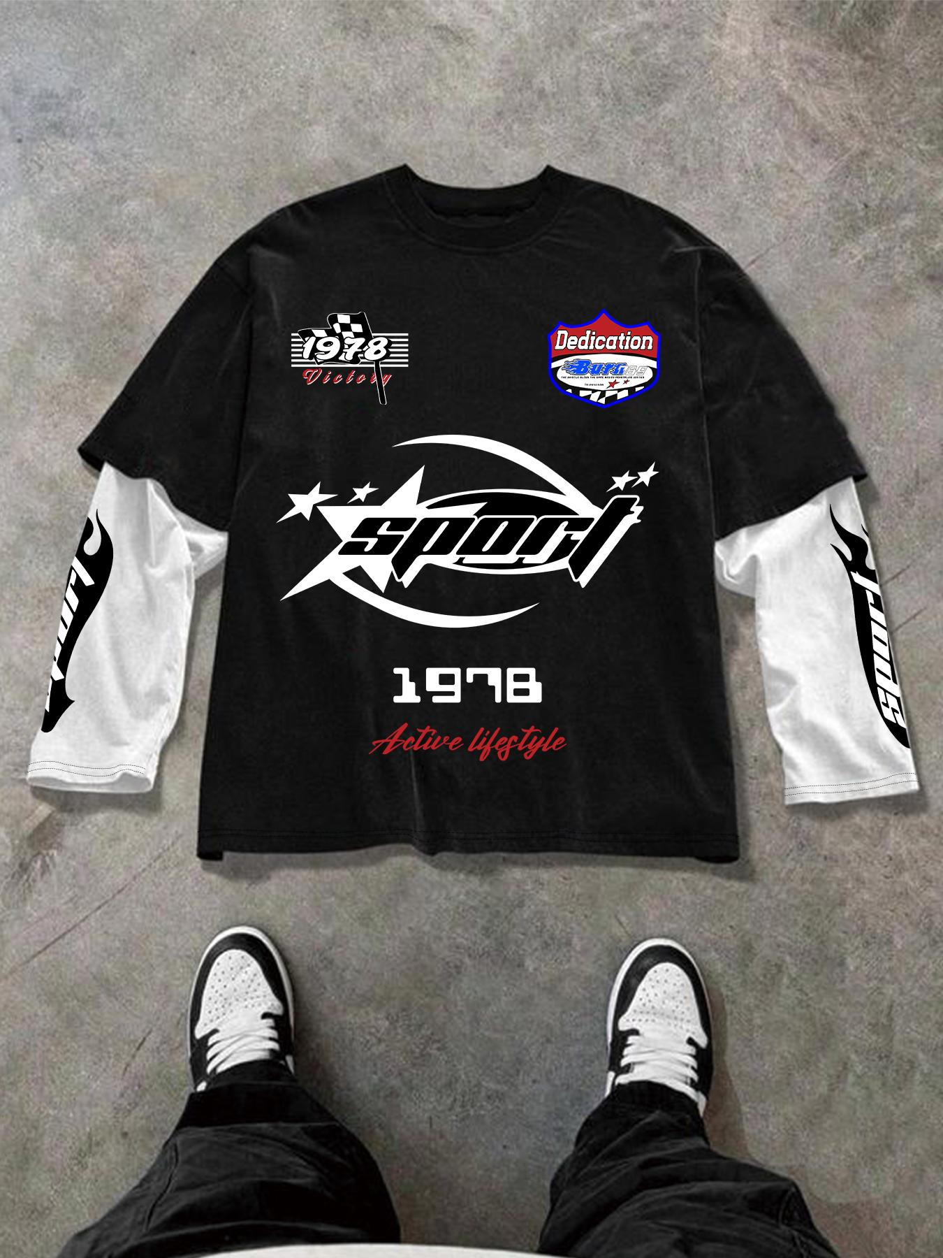 Men's New Spring Autumn Long Sleeve Patchwork Motorcycle Badge Print Casual Fitted Short Top, Unisex Fashion Tee, Streetwear, Menswear