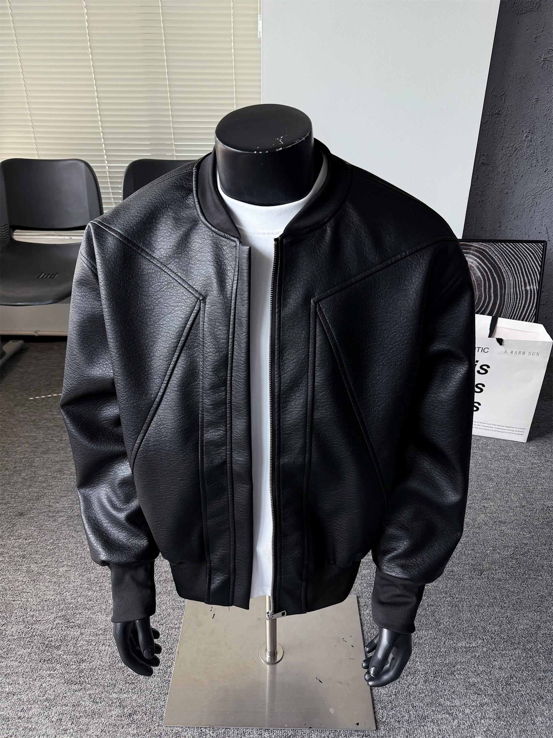 Men's Windproof Leather Jacket with Zipper Closure Solid Color Sport Style Pilot Motorcycle Model Multi-functional Outerwear Collared Neck Long Sleeve Fitted Casual Coats
