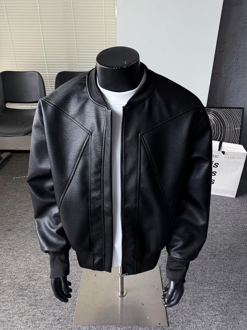 Men's Windproof Leather Jacket with Zipper Closure Solid Color Sport Style Pilot Motorcycle Model Multi-functional Outerwear Collared Neck Long Sleeve Fitted Casual Coats
