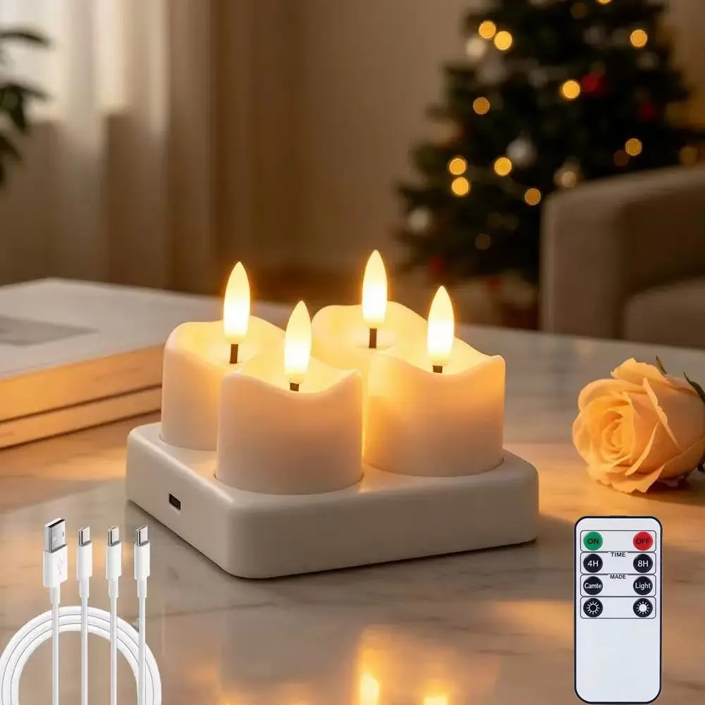 Rechargeable Flameless Candle Light, Remote Control, Charging Station Timer, LED Tea Candle Battery Powered, Realistic 3D Flame, Halloween Christmas Wedding Decor