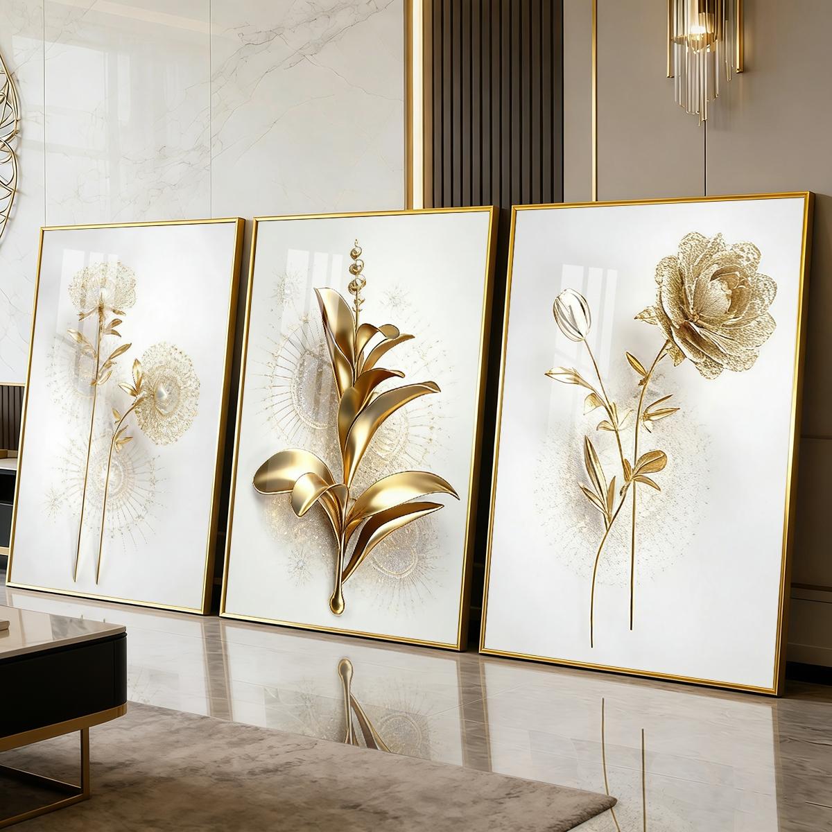 3 Counts Aluminum Alloy Framed Painting, Golden Abstract Flowers Artwork, Home Decoration For Living Room, Bedroom, Office, Restaurant, Hallway Wall Decor, Odorless Print Artwork, Luxury Perfect Gift For Friends And Family