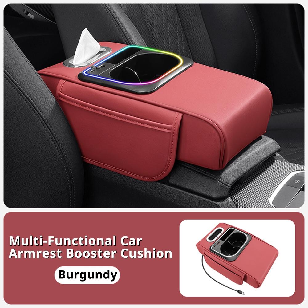Car Multi-Functional Handrest Storage Cushion, Fast Charging Type C & Type a Dual Ports, Music Sync RGB Ambient Light, Easy Install, Car Armrest Box Accessories,  Car Console Organizer