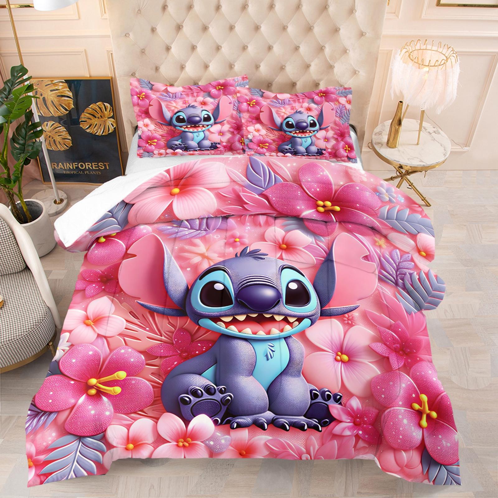 Stitch Pattern Comforter Set, Soft And Durable Bedding Set, Includes 1 Quilt And 1 Or 2 Pillowcases, Everyday Holiday Birthday Gift Bedroom Decor For Kids And Adults, Soft Material
