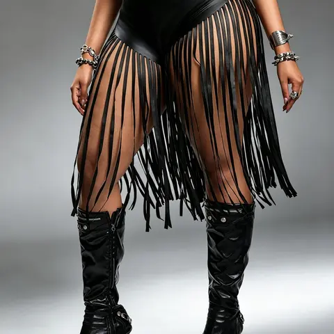 Women's Plus Size Fashion Sexy Fringe Elastic Leather Party Shorts, Trendy and Stylish, Perfect for Casual Wear, Comfortable and Chic