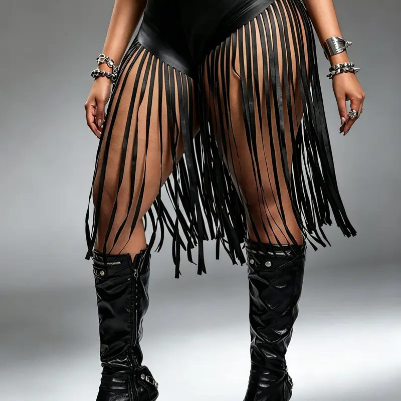 Women's Plus Size Fashion Sexy Fringe Elastic Leather Party Shorts, Trendy and Stylish, Perfect for Casual Wear, Comfortable and Chic