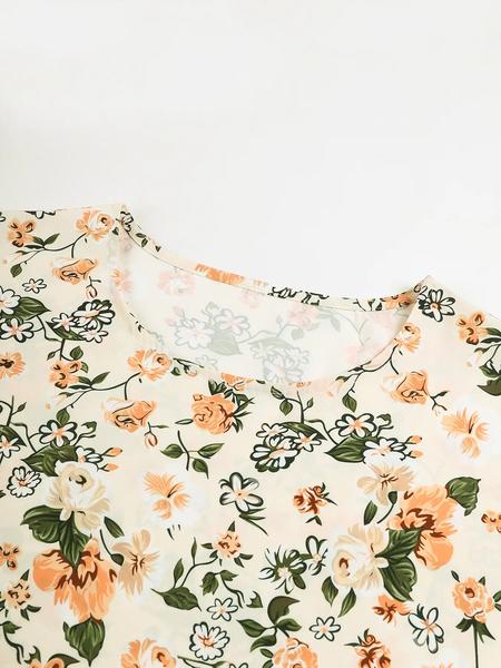 Women's Floral Print Ruffle Smock Dress, Casual Fashion Short Sleeve Round Neck Knee Length Dress for Summer, Women's Dress for Beach Holiday Vacation