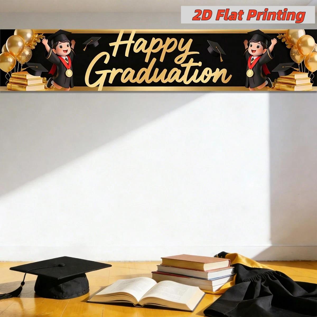 1-pack polyester fiber 2D flat printing 2026 graduation theme background cloth banner + door curtain three-piece set black gold balloon book design suitable for graduation parties, graduation ceremonies, studio shooting, classroom wall decoration