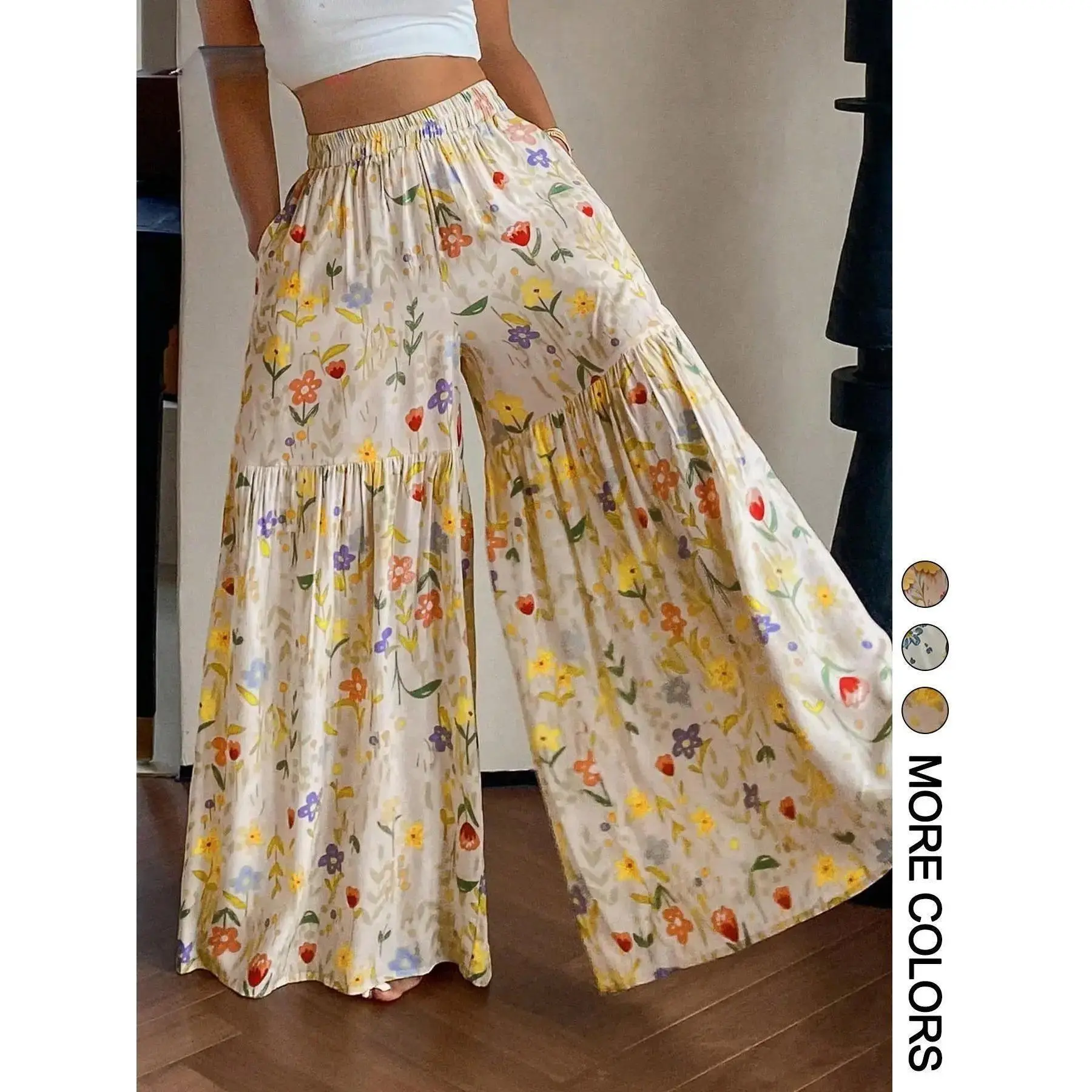 Women's Modest Islamic High-Waisted Cotton Linen Palazzo Pants - Summer Lightweight Floral, Casual Loose Baggy Trousers for Daily Wear, Outing Commuting, High Waisted Pants, Cotton Linen Pants