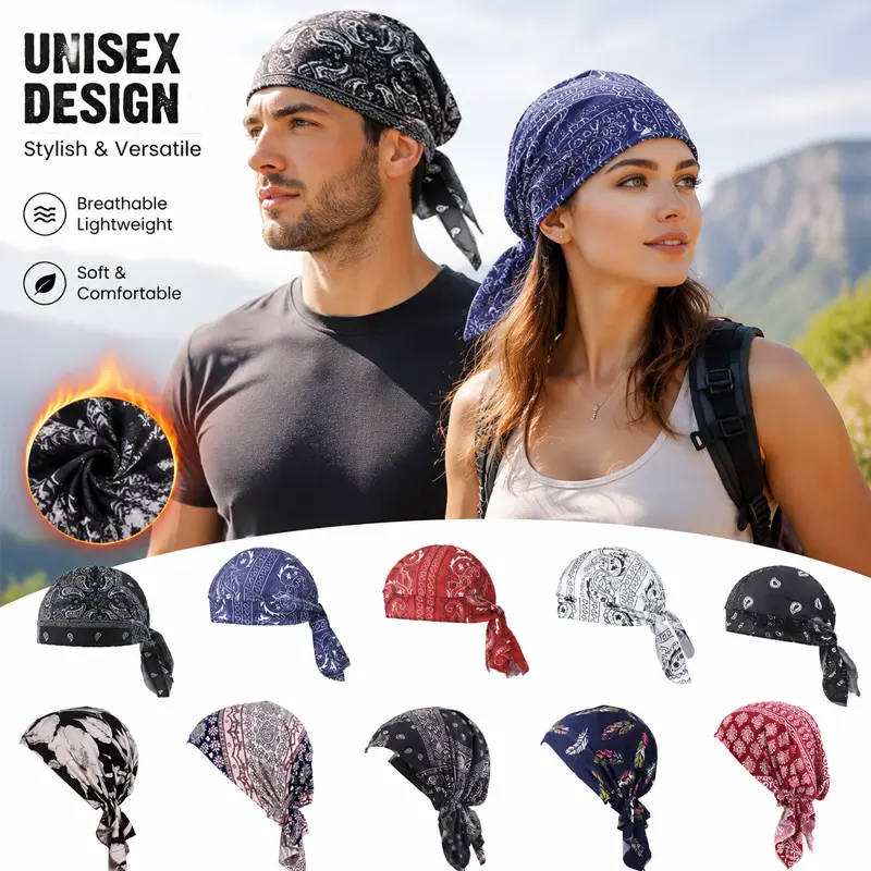 10 Pcs Unisex Bandana, Breathable Lightweight Soft Pirate Head Wrap Headscarf, Vintage Print Tie-Durag for Men Women, Ideal for Cycling, Hiking, Running, Biking, Motorcycle, Outdoor Sports & Daily Streetwear, Multiple Classic Patterns Available