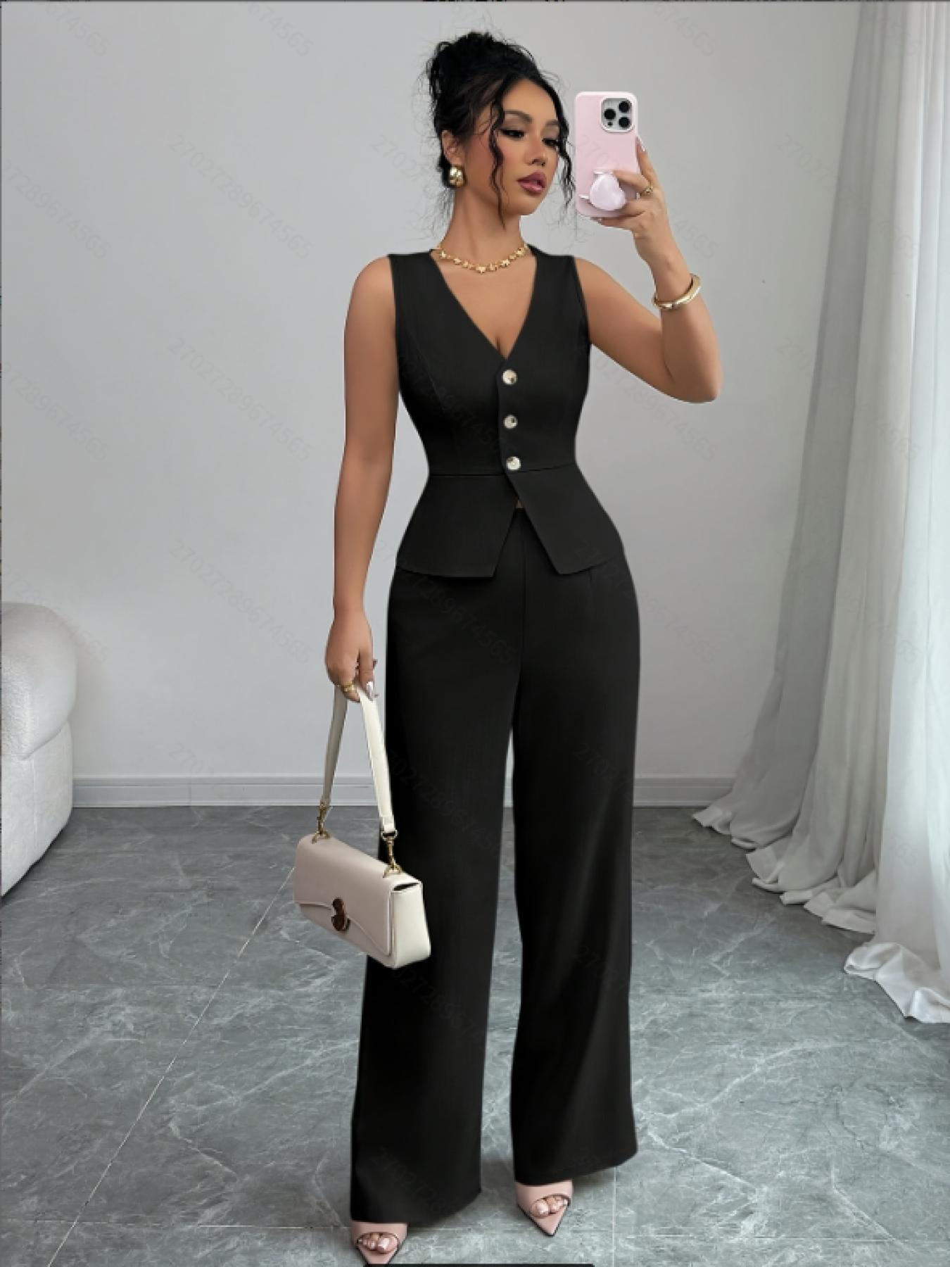 YYT1 A women's Chic Sleeveless Vneck luxury waist cinched Fitted suit vest set, Pants Top Set, same color scheme, suitable commuting, shopping, outdoor activities, Fitted clothing set