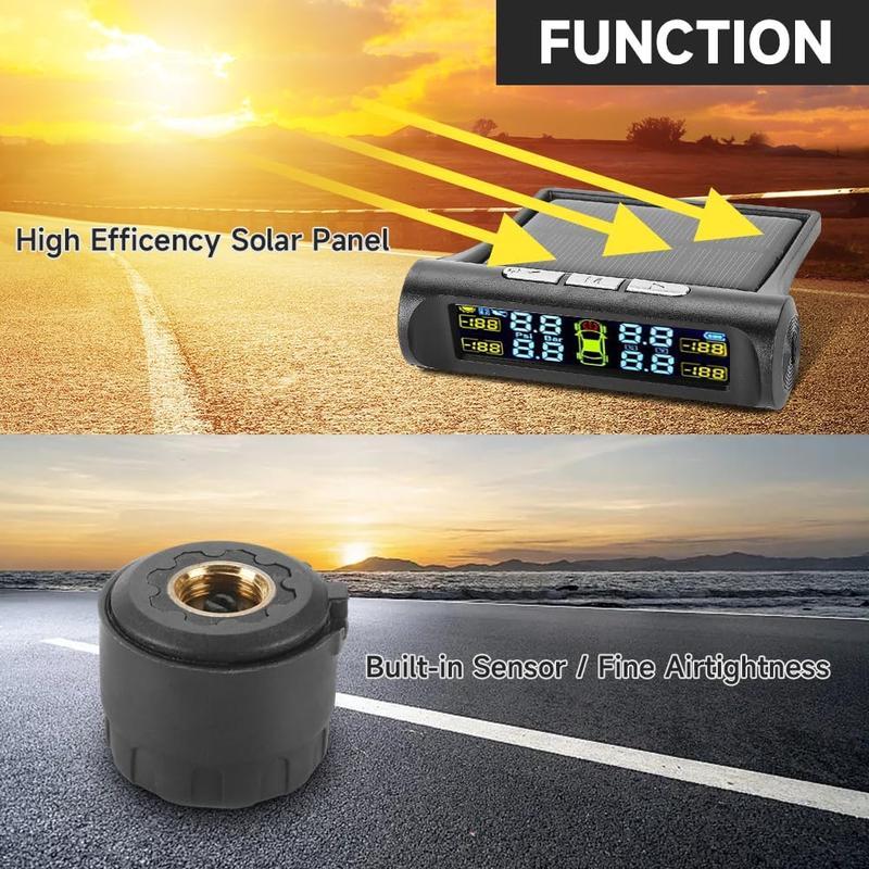 Solar Car Tire Pressure Monitoring System, Wireless TPMS with LCD Display, Real Time Tire Pressure Gauge, Replacement Valve Included