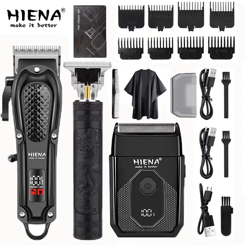HIENA 3-in-1 Professional Men Grooming Kit, LED Digital Hair Clipper, Engraving Detail Trimmer & Beard Trimmer, Various Guide Combs, Home Salon Use, Ideal Birthday Holiday Gift for Boyfriend