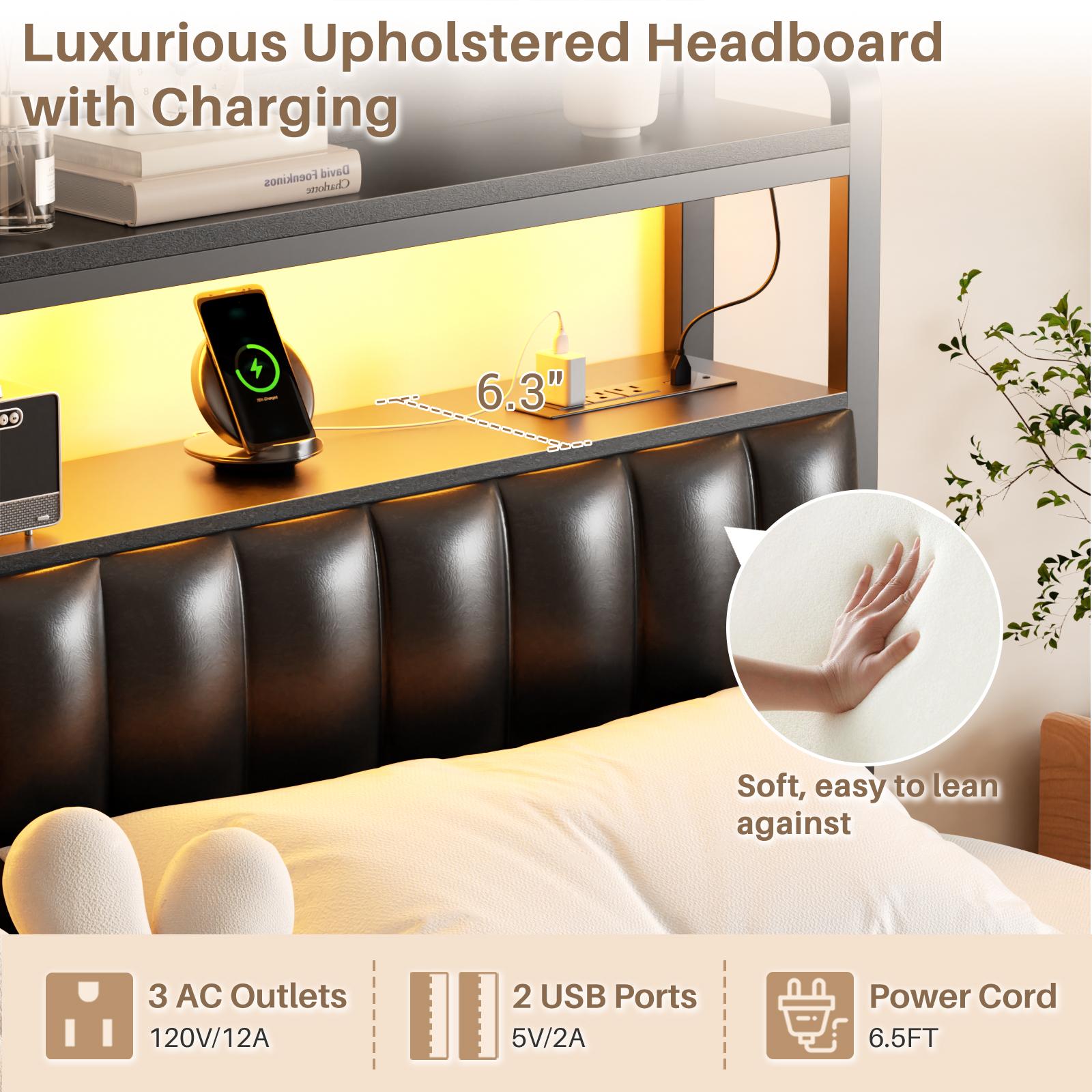 Homieasy Bed Frame with Charging Station, Adjustable Upholstered Headboard, Industrial Cool Bed with LED Lights, No Box Spring Needed, Black led bed Homieasy Bed Frame with Charging Station, Adjustable Upholstered Headboard, Industrial Cool Bed with LED Lights, No Box Spring Needed, Black led bed