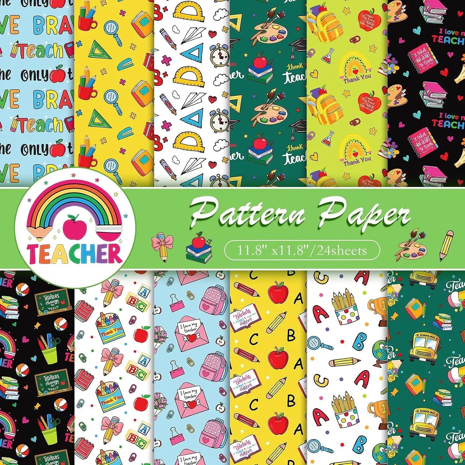24 Sheets Teacher Scrapbook Paper 12x12 Double Sided Cardstock Thank You Teacher Origami Paper Colorful Patterned Papers Decorative Cardstock for Card Making Scrapbook Supplies