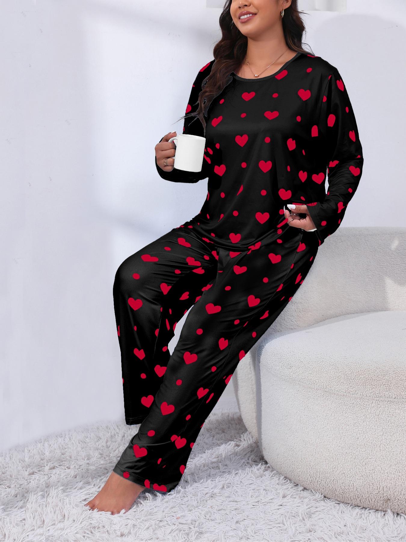 Plus Size Heart Print Drop Shoulder Pyjama Set, Casual Comfy Long Sleeve Round Neck Top & Trousers PJ Set, Pajamas, Summer Outfits 2024, Women's Sleepwear for Spring & Fall