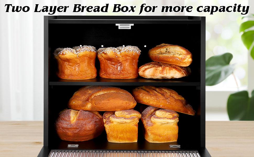 Double Layer Bamboo Bread Box for Kitchen Countertop, Bread Storage Container, Bread Box with Window, Large Capacity