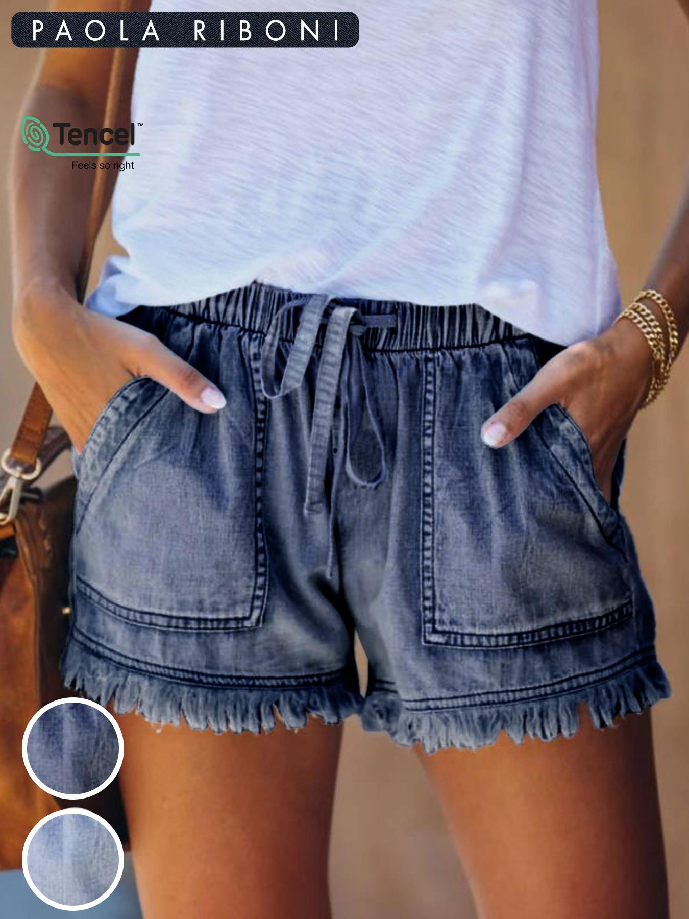 Women's Plain Loose Drawstring Waist Denim Shorts, Casual Fashion Pocket Shorts for Daily Wear, Ladies Summer Bottoms