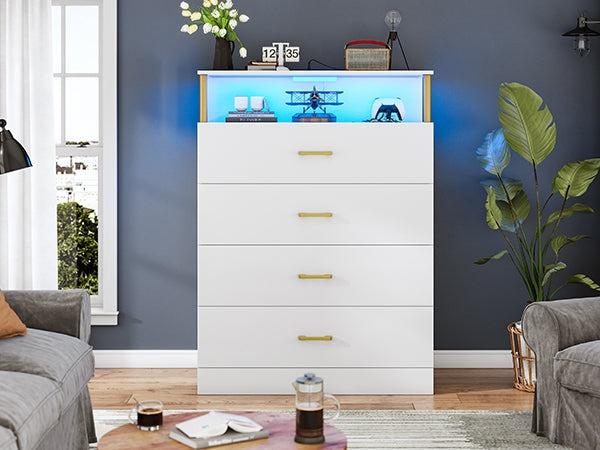Sikaic 4 Drawers Led Tall Dresser With Charging Station For Bedroom Closet Organization Cabinet Modern Design Apartment Furniture Futon Storage Unit Cupboard