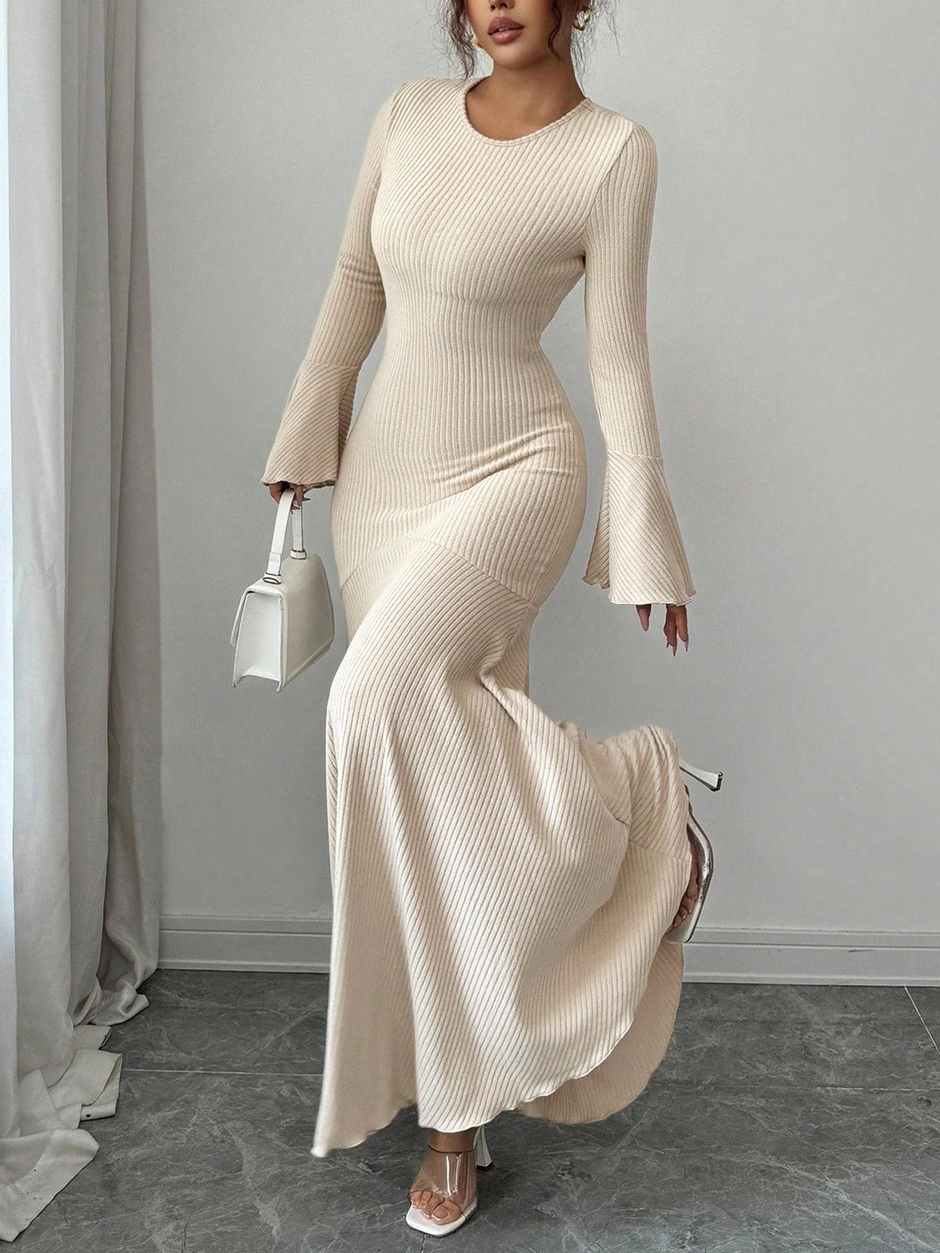 Women's Casual Solid Color Fitted Long Sleeve Dress, Comfortable Everyday Wear, Perfect for Shopping & Daily, Stylish Ladies' Clothing