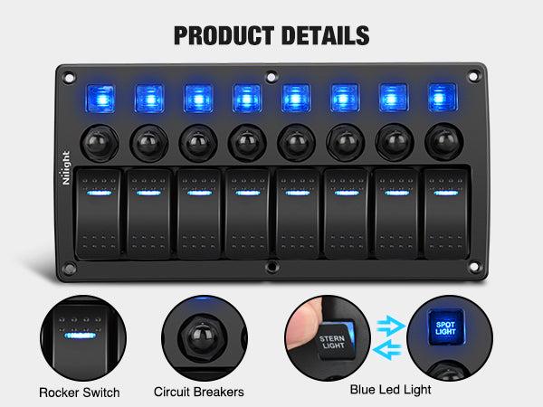 Nilight 8-Gang Pre-Wired Waterproof Rocker Switch Panel - 8-Gang Setup, Resettable Circuit Breakers (5A,10A,15A), LED Backlight, 3-Pin 12V-24V ON-Off Toggle Switches, Screw Included, Easy Installation, for Most DC 12V-24V Cars, Caravan, Marine Boat Nilight 8-Gang Pre-Wired Waterproof Rocker Switch Panel - 8-Gang Setup, Resettable Circuit Breakers (5A,10A,15A), LED Backlight, 3-Pin 12V-24V ON-Off Toggle Switches, Screw Included, Easy Installation, for Most DC 12V-24V Cars, Caravan, Marine Boat