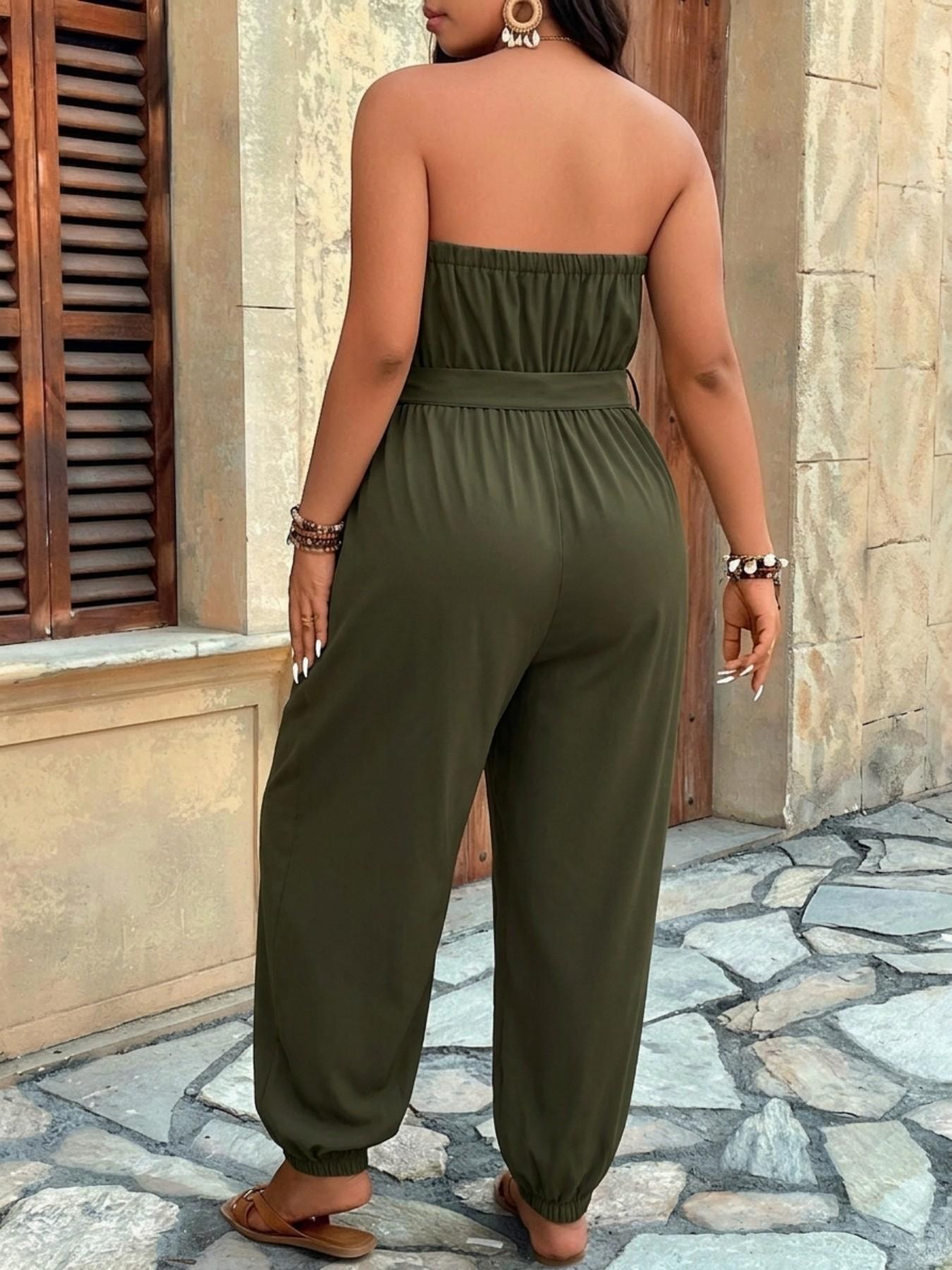 Plus Size Women's Strapless Waist Cinch Romper, Loose Sleeveless Female Jumpsuit, Comfortable Fit Design, Ideal for Daily Wear