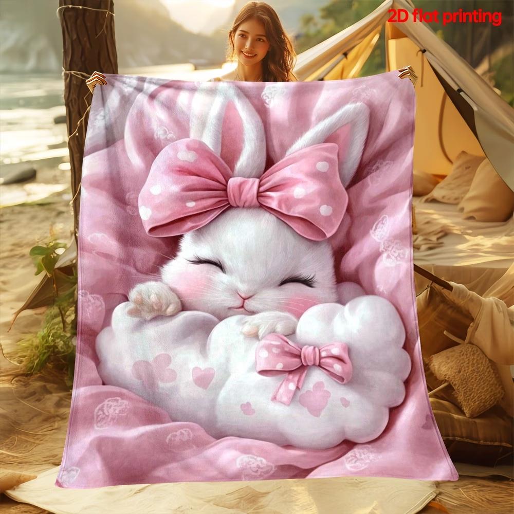 Rabbit Bow Sleep Cozy Flannel Blanket, Portable Outdoor Bedspread, Lightweight Home Use, Ideal Gift for Travel & Camping