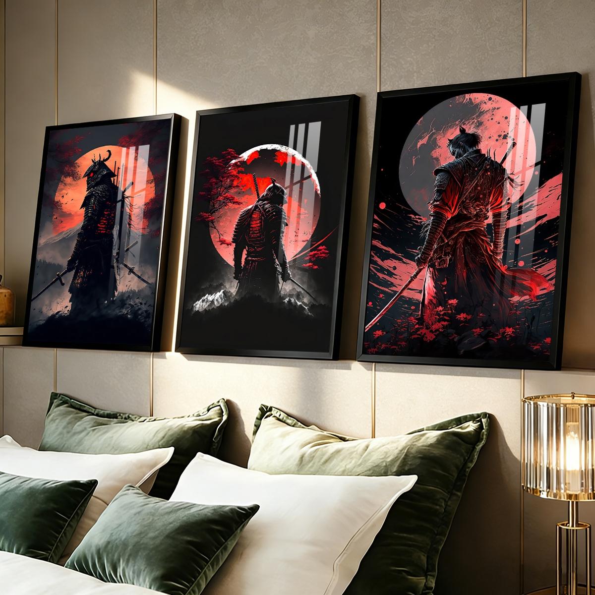 3 Counts Aluminum Alloy Framed Painting, Samurai Warriors Under Red Moon Artwork, Home Decoration For Living Room, Bedroom, Office, Restaurant, Hallway Wall Decor, Odorless Print Artwork, Luxury Perfect Gift For Friends And Family