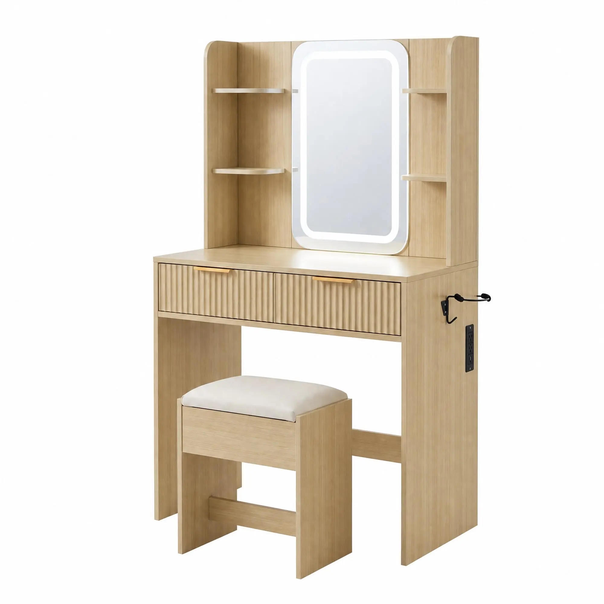 Modern White & Oak Wood Frame Vanity with Mirror, 3-Color LED Mirror, AC/USB/Type-C Power Outlet, 2 Fluted Drawers, Cushioned Stool, Hair Dryer Rack