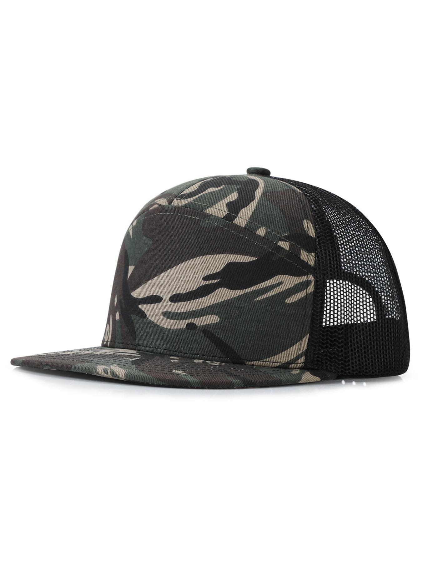 Men's Caps - Flat Brim Mesh Panel Baseball Cap Adjustable Classic Trucker Style Hat - Snap Back Hats for Men Flat Brimmed Cap