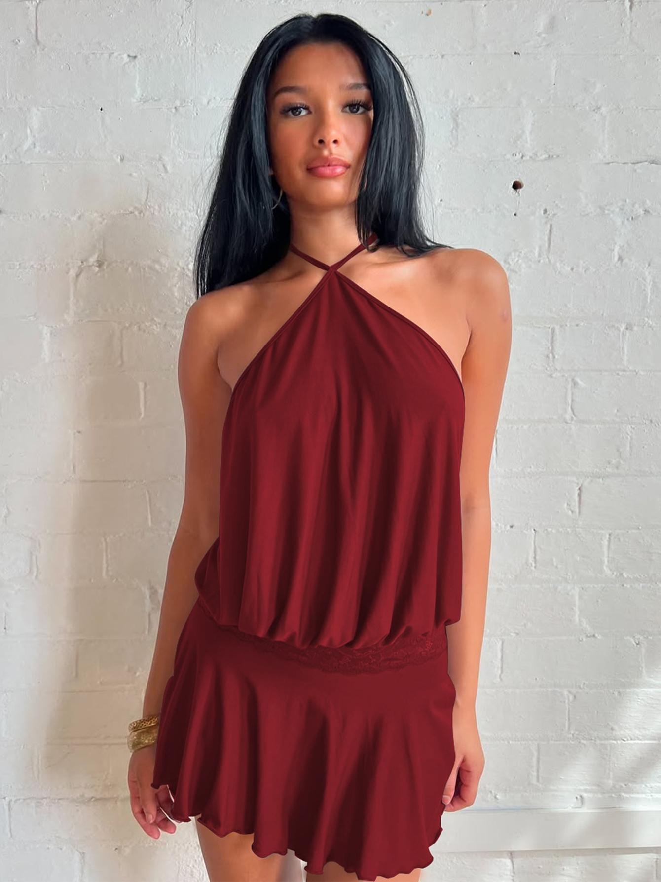 Women's Solid Color Lace Stitching Halter Neck Lace Up Sleeveless Backless Bodycon Slip Dress Plain Cut Out See Through Ruffles Hem Party Club Dating Holiday Beach Vacation Music Festival Ladies Dresses Clothing Wear Halter Strap Dress