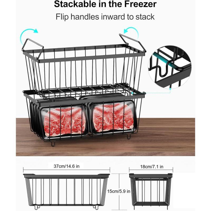 Chest Freezer Basket - 8 Pack Small Stackable Freezer Bins for Most 7 Cu.FT Deep Freezer Sort Frozen Food, Deep Freezer Organizer Bins with Handles Easy to Get Food from Bottom, Black