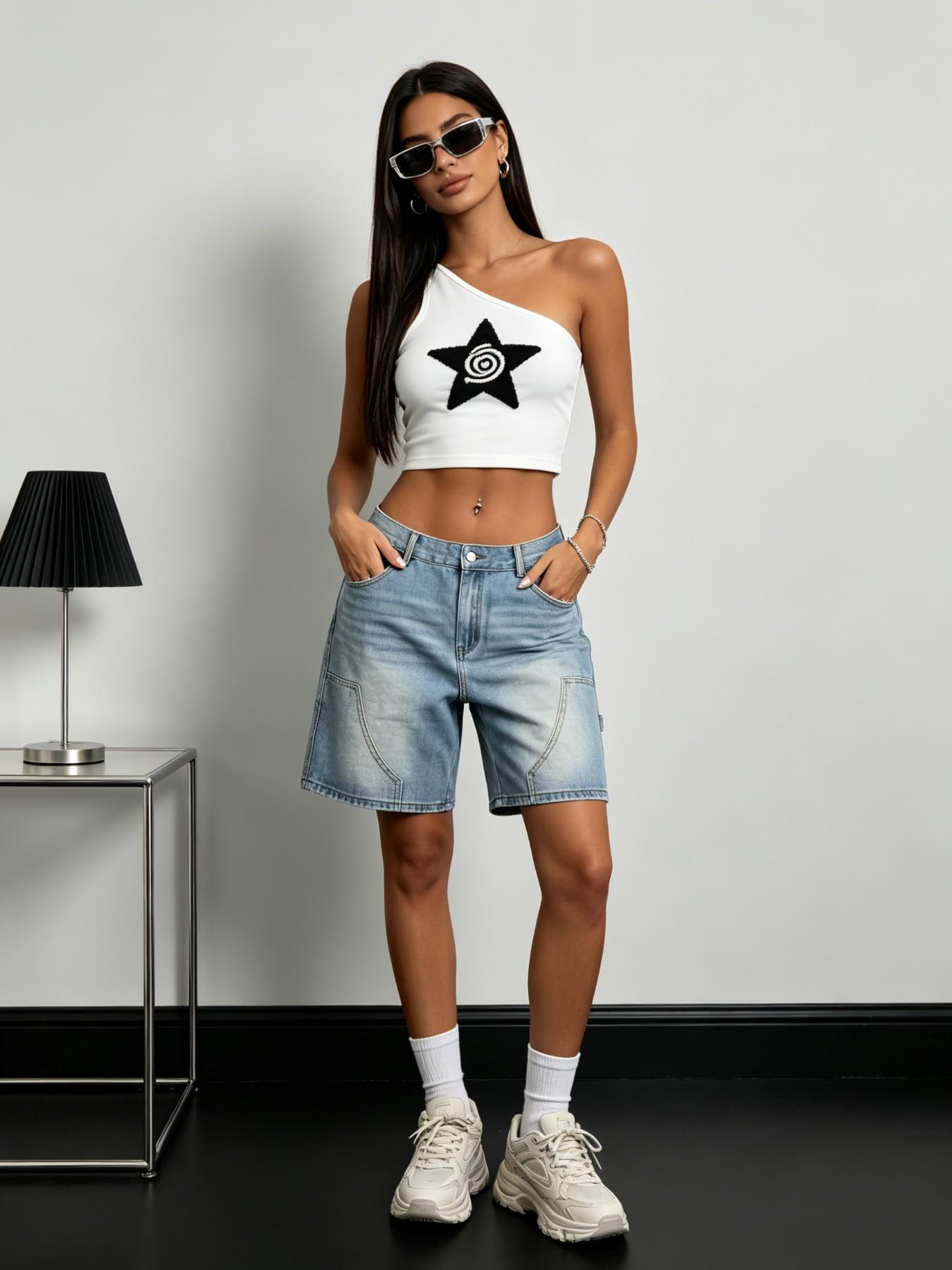 Millennial Style Light Wash Loose Fit Jeans Shorts, Women's Mid-Waist Colorblock Stitch Bermuda Jean Five-Quarter Pants, Casual Streetwear