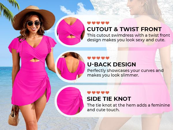 Yonique Women Swimsuits with Skirt - One Piece Tummy Control Swim Dress Cutout Bathing Suits