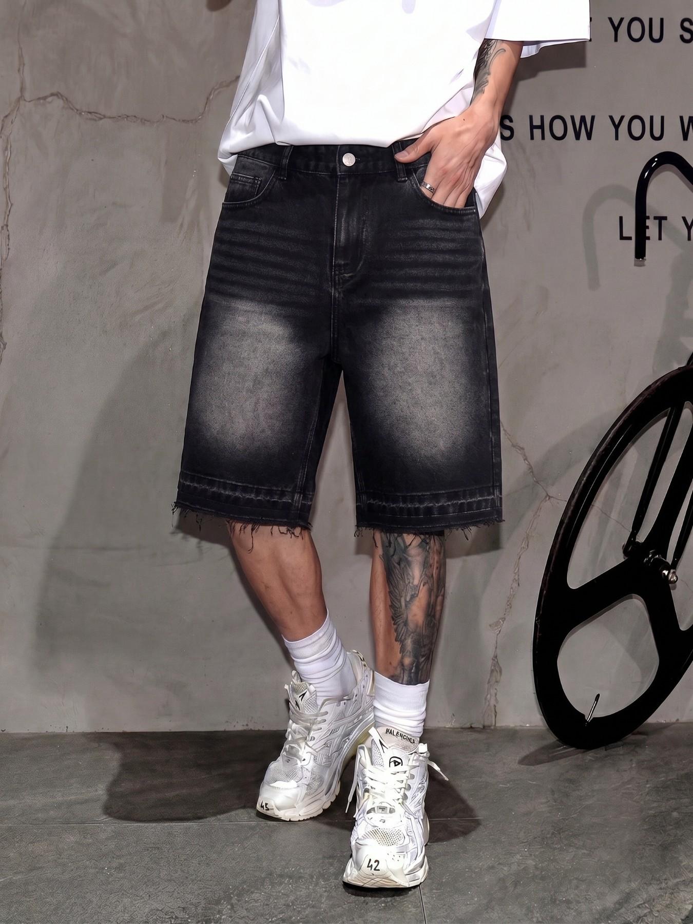 Men's Retro Washed Distressed Denim Jean Shorts, Casual Straight Fit, Vintage Distressed Bleached Design with Frayed Hem, Y2K American Streetwear Denim Shorts