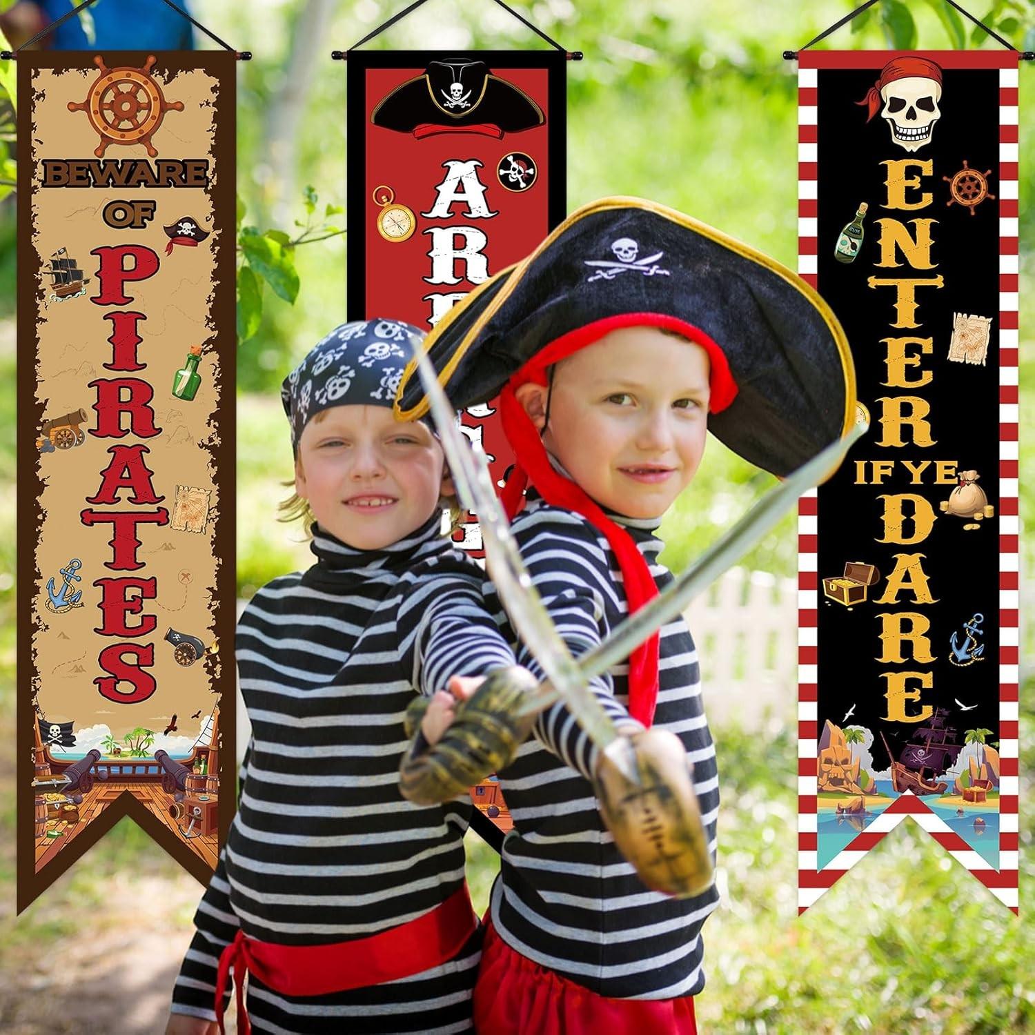 3 Pcs Pirate Banners, Beware of Pirate Porch Sign, Treasure Hunt Hanging Flags, Halloween Party Decorations, Birthday Photo Props