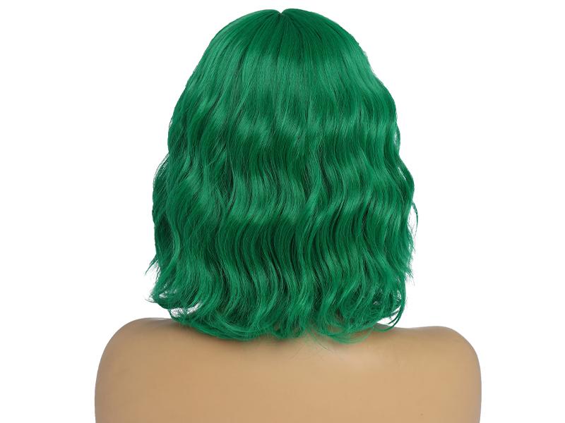 BESTUNG Short Green Wigs for Women Green Wavy Bob Wig with Bangs Medium Length Synthetic Hair Water Wave Dark Roots Wig Gray Colorful Wigs（12inch）