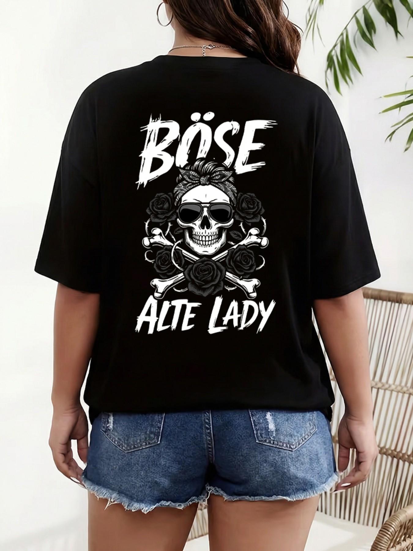 German Retro Design Böse Alte Lady Skull Rose Print Plus Size T-Shirt, Loose Shoulder Pure Cotton Short Sleeve, Casual Summer Top