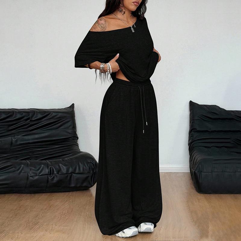 Women Off Shoulder Sweatsuits Oversized Pullover Sweatshirt and Wide Leg Pants Lounge Sets Two Piece Outfits