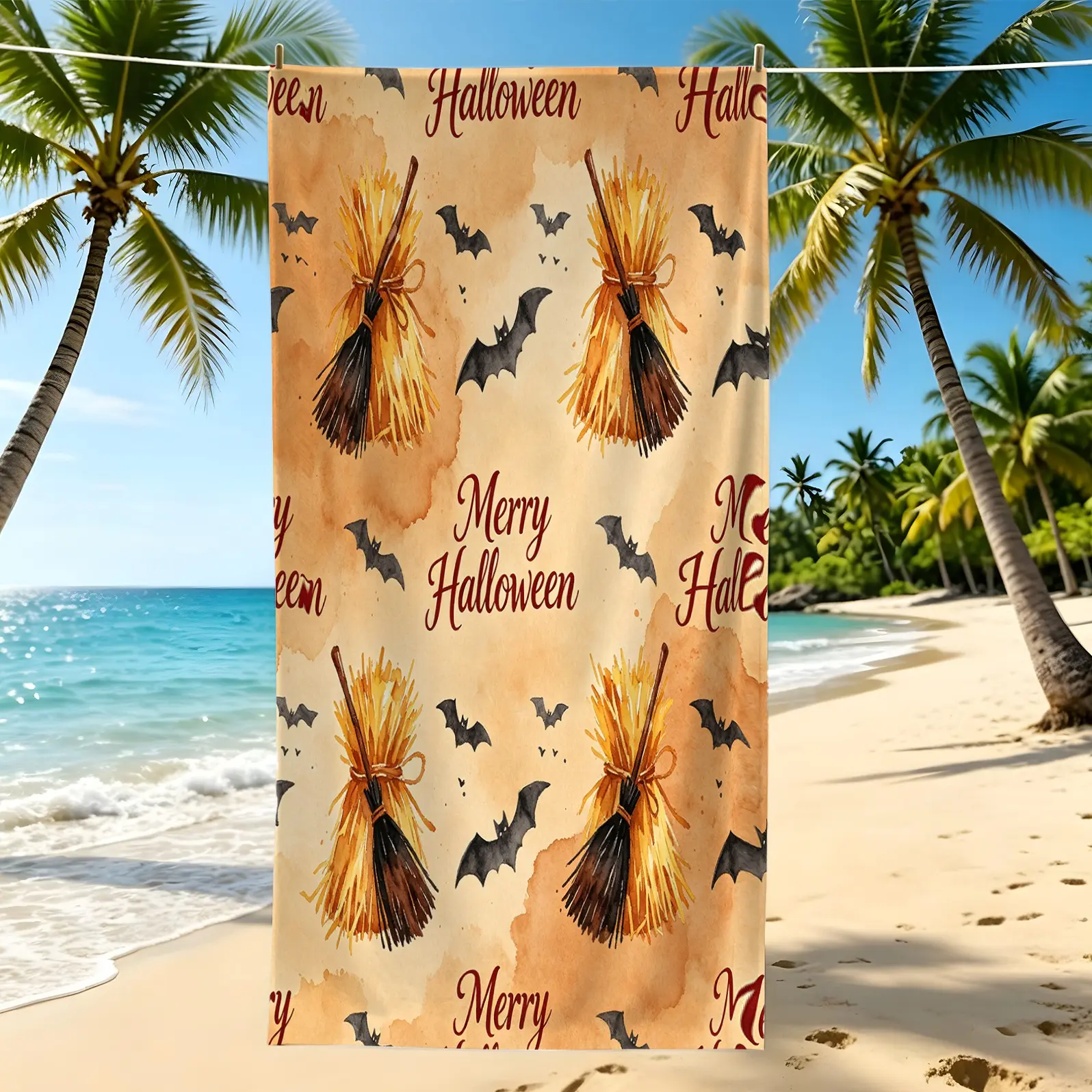  Halloween Gift, Witch Broom Bat Digital Print Beach Towel, Retro Vintage Quick‑Dry Microfiber Bath Towel, Holiday Decor for UK Halloween Beach Pool Party 
