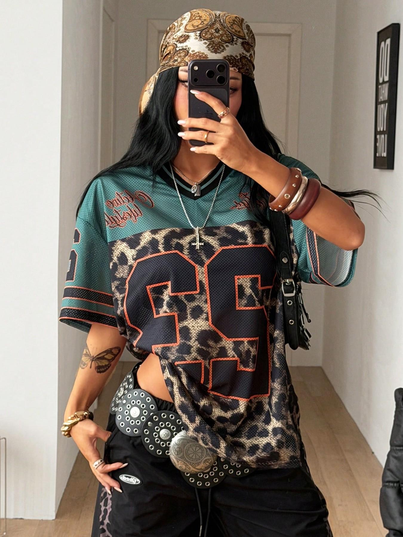 Y2K Retro Style Peregrinate 23 Leopard Print Jersey Top, Loose Fitted V-Neck Sport Tee, Hip-Hop Athletic Fashion Streetwear for All Seasons