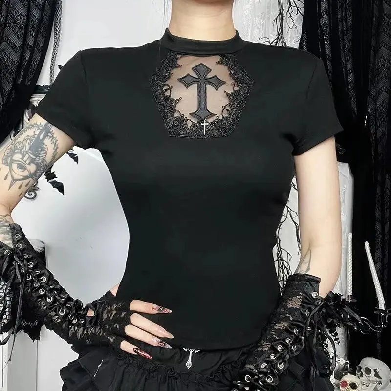 Y2K Gothic Basic T-shirt Women Cyber Punk Aesthetic Cross Mesh Patchwork See Through Short Sleeve O-neck Tee Crop Tops Slimming