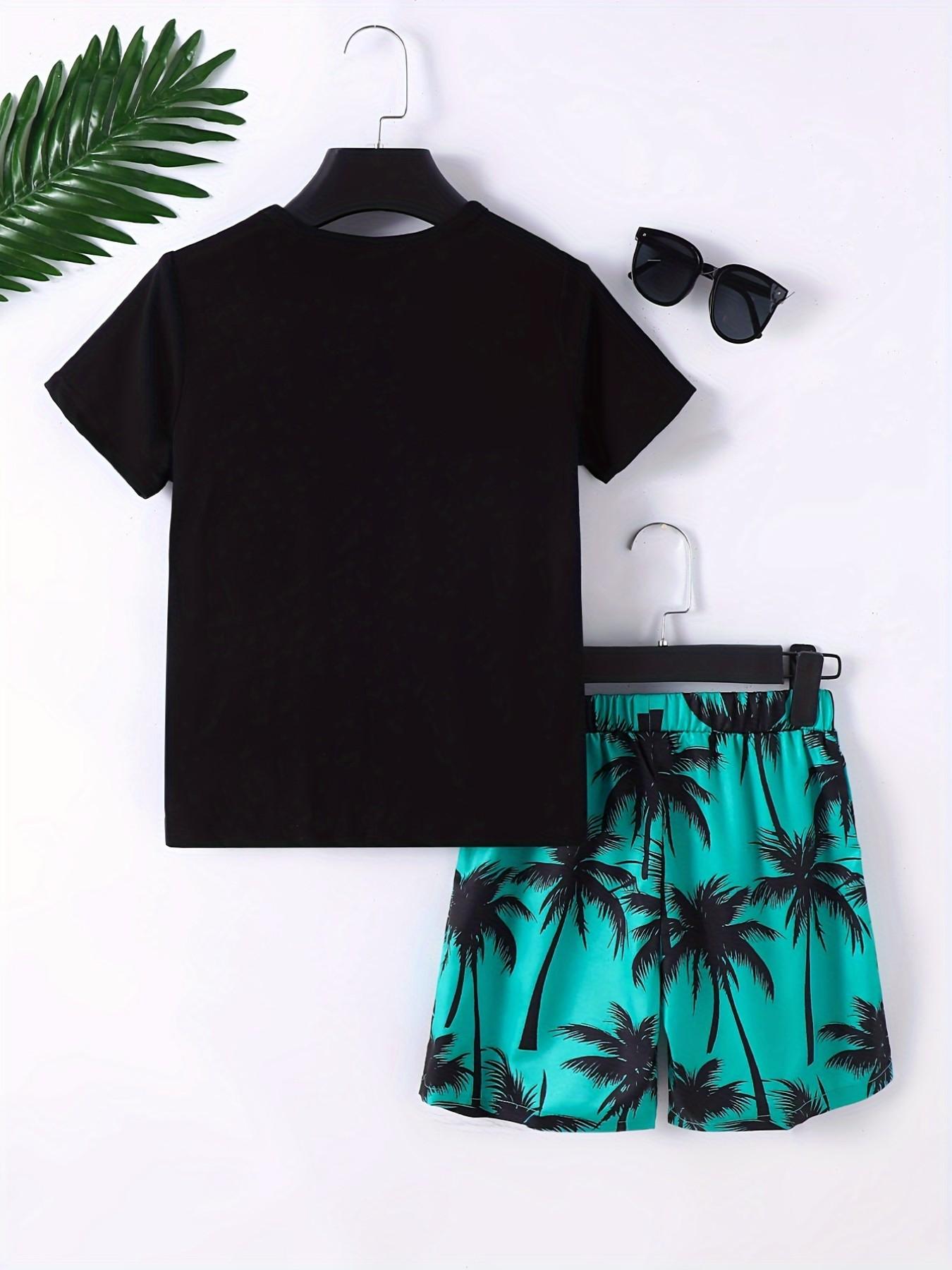 Boys 2-Piece Tropical Palm Tree Print Set, Clothing Sets, Outfit, Casual Fitted Short Sleeve T-Shirt and Track Shorts for Outdoor Play, Stylish Kids Clothing
