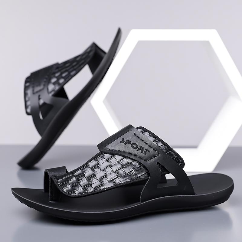 Men's Summer New Sandals, Letter Print Straw Texture, Trendy Anti-Slip Thin Sole, Casual Beach Shoes, Fashionable and Comfortable