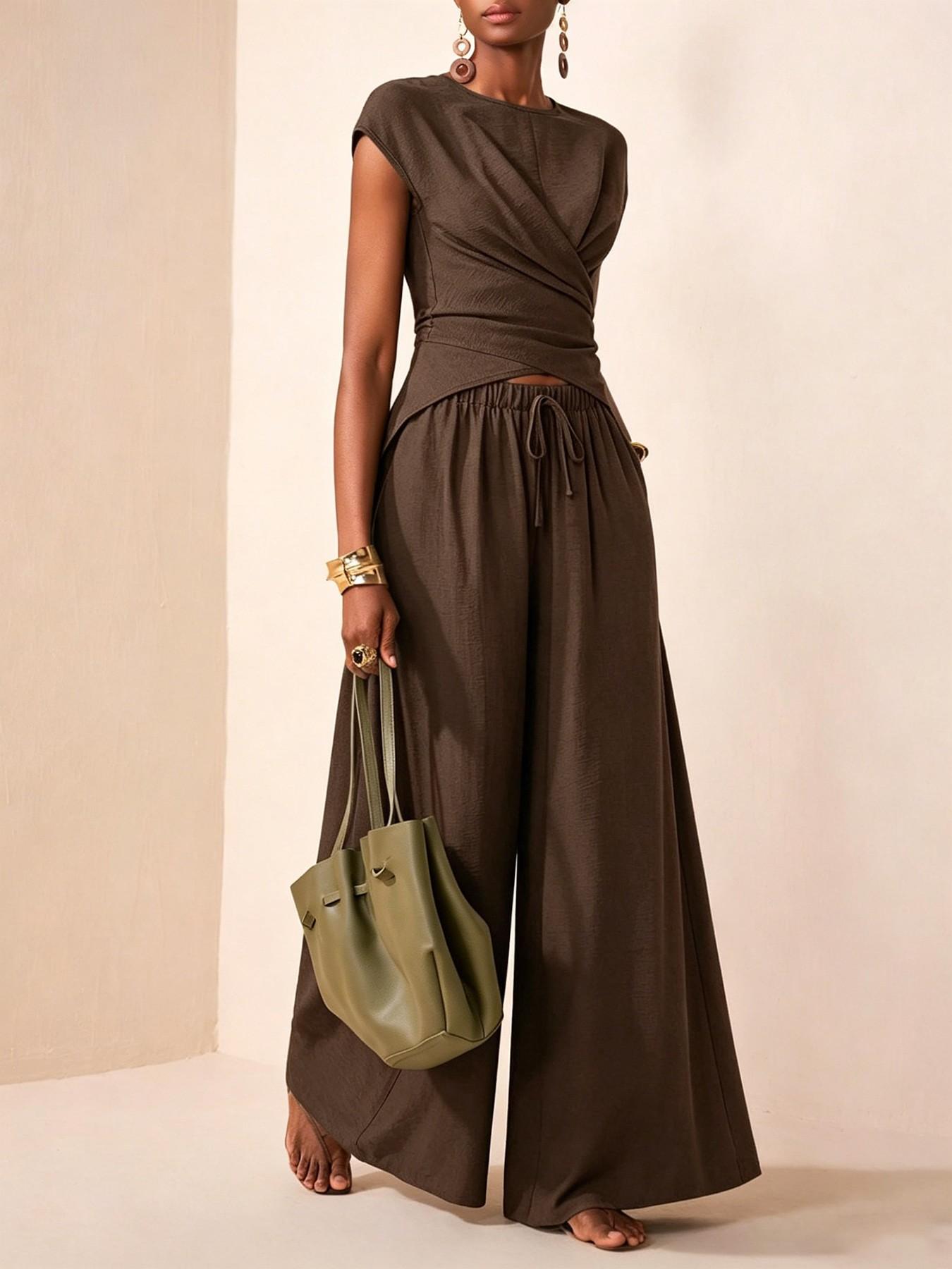 Women's Two-Piece Set, Cross-Tie Short Sleeve Top & High Waist Wide-Leg Pants, Casual Soft Matching Outfit