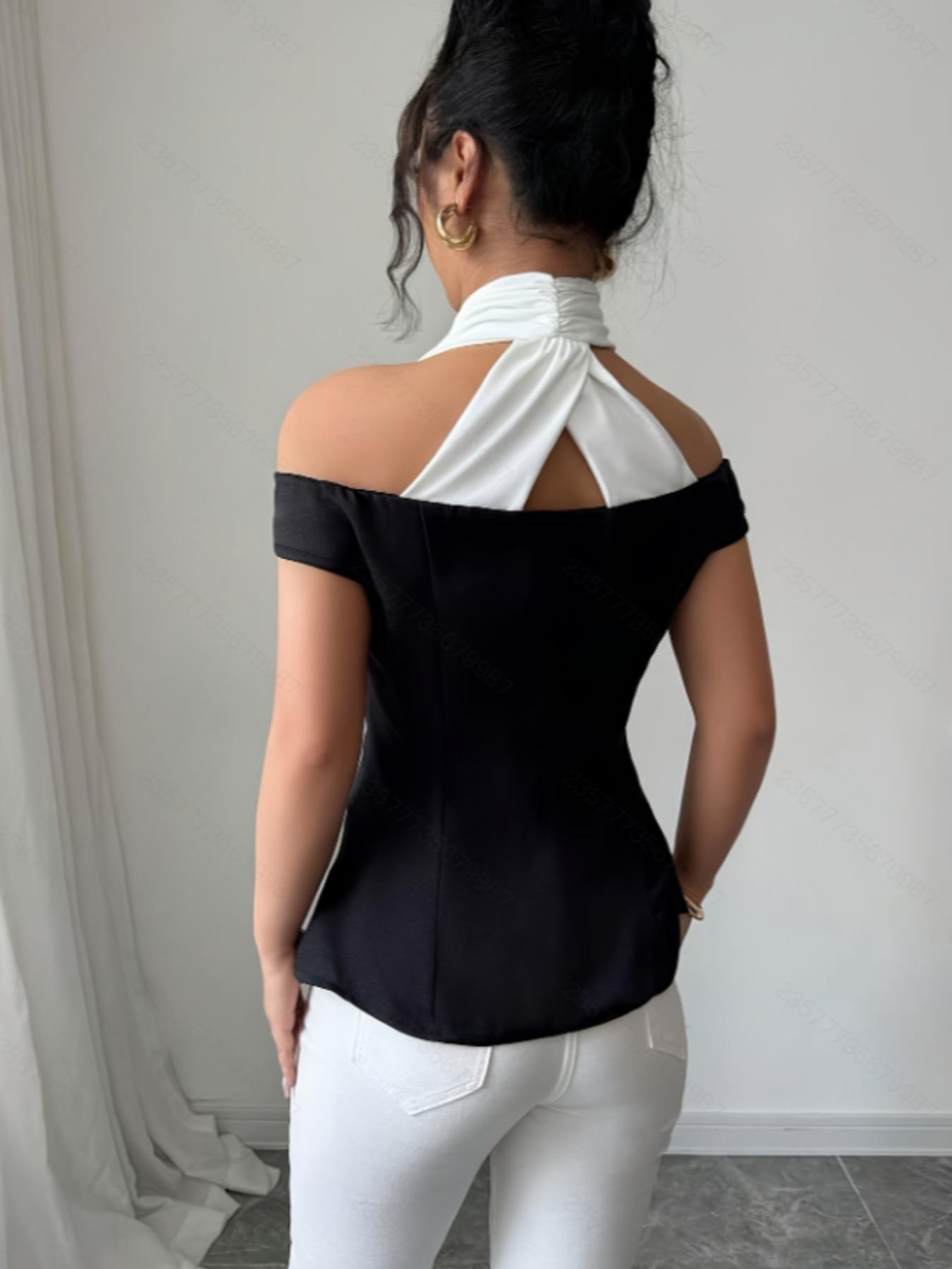 Women's Elegant Commuter Colorblock Off-Shoulder Halter Neck Top, Casual Everyday Top, womenswear, Summer Wear, Fitted, Stylish, Chic and Comfortable, Perfect for Office and Casual