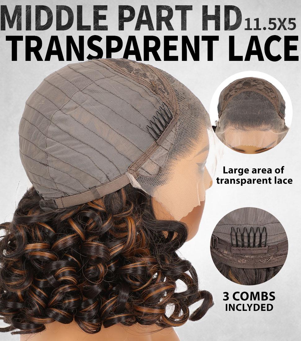 [ AISI HAIR ]13X4 short Lace Front  12inch Curly large Hair wave Wigs for women, Synthetic Wig for Daily Party Use (Black with Brown HighLight)