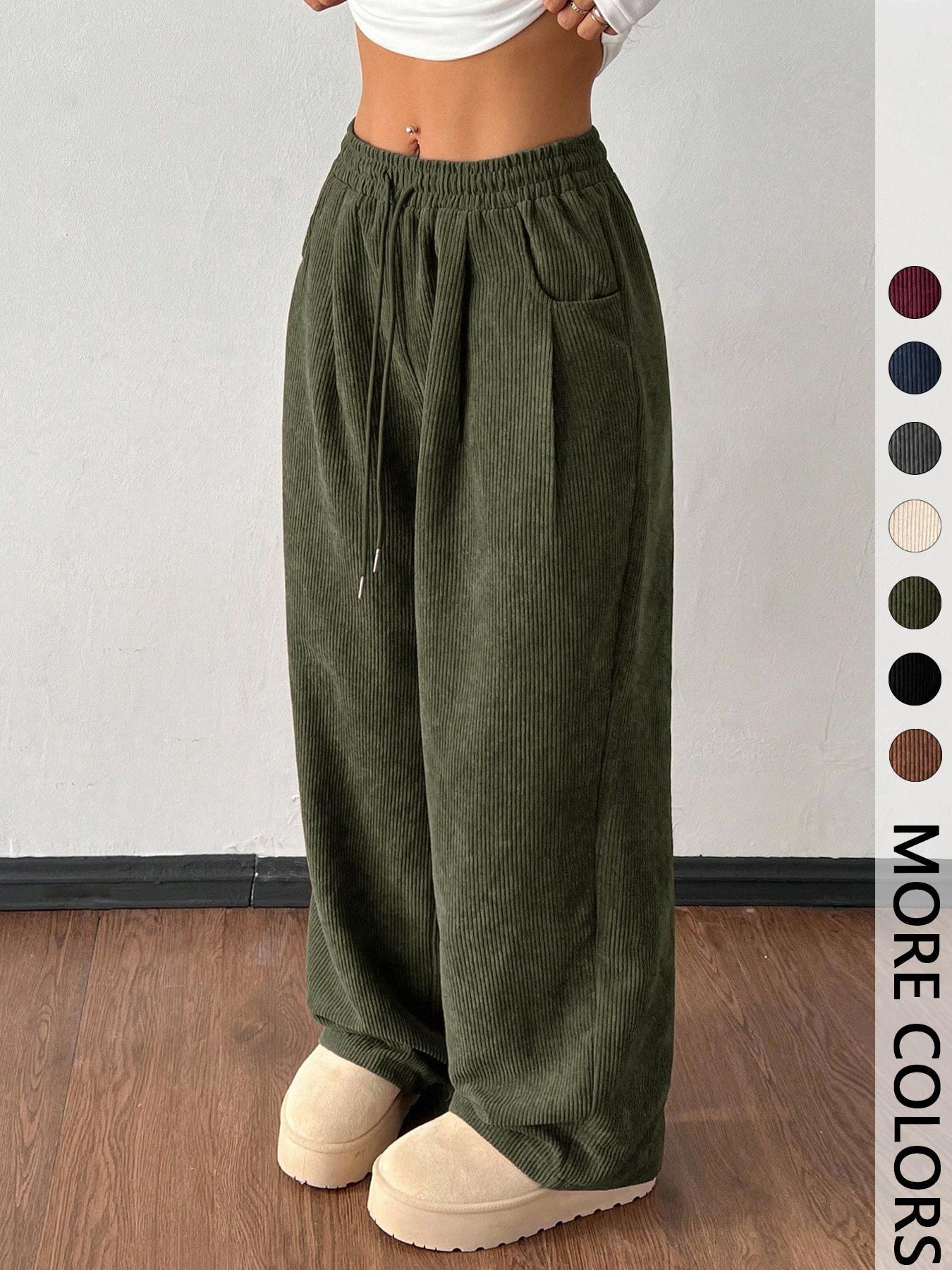 Women's Vintage Loose-Fitting Solid Corduroy Drawstring Pants, Casual All-Season Straight Leg Trousers for Autumn & Winter Valentine's Day