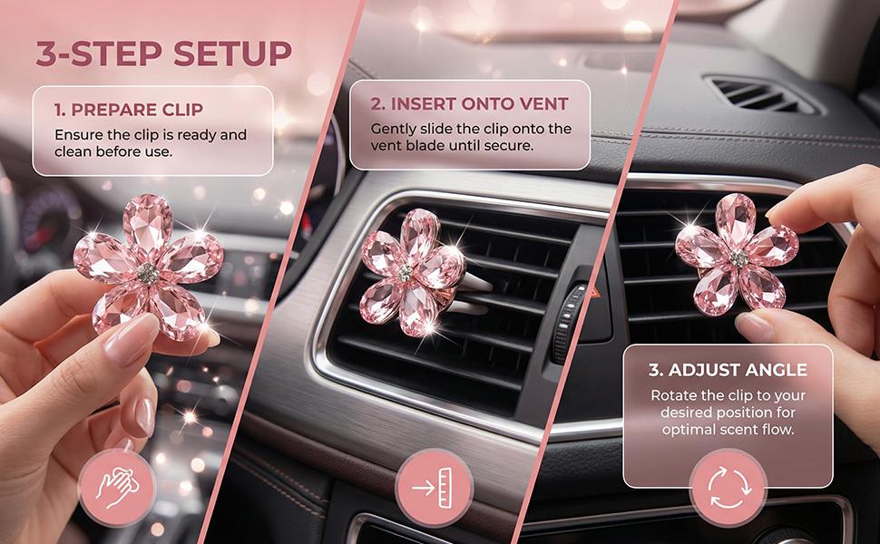 Bling Daisy Flower Car Air Vent Clips, 5PCS Sparkling Crystal Rhinestone Cute Vehicle Air Conditioning Clamp, Diamond Auto Air Outlet Clip Decor for Women Girls, Universal Fit (Pink)