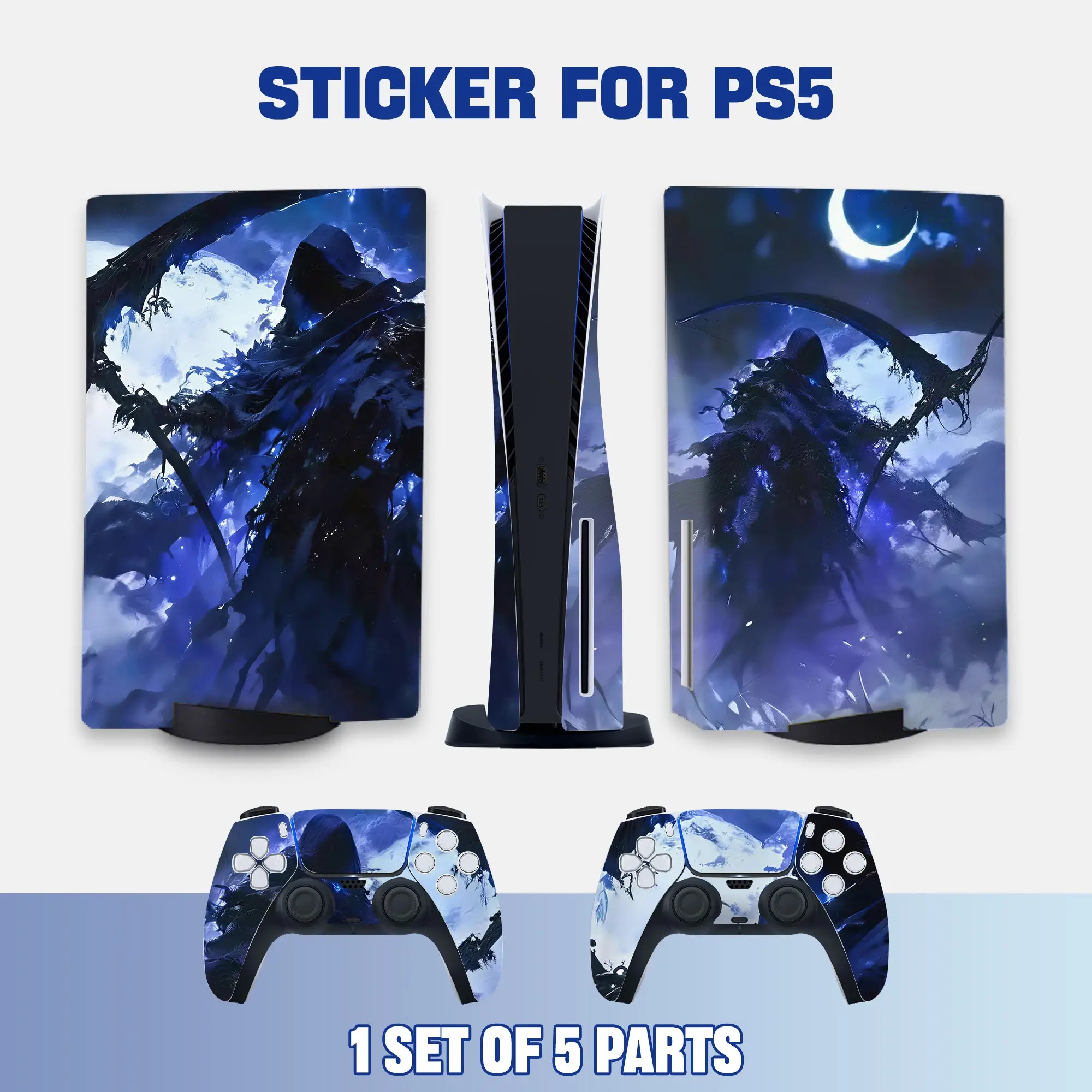 Ps5 Console and Controller Stickers, Blue Night Cloak Moon Art Vinyl Protective Film, Waterproof Scratch-Resistant, Removable Without Residue