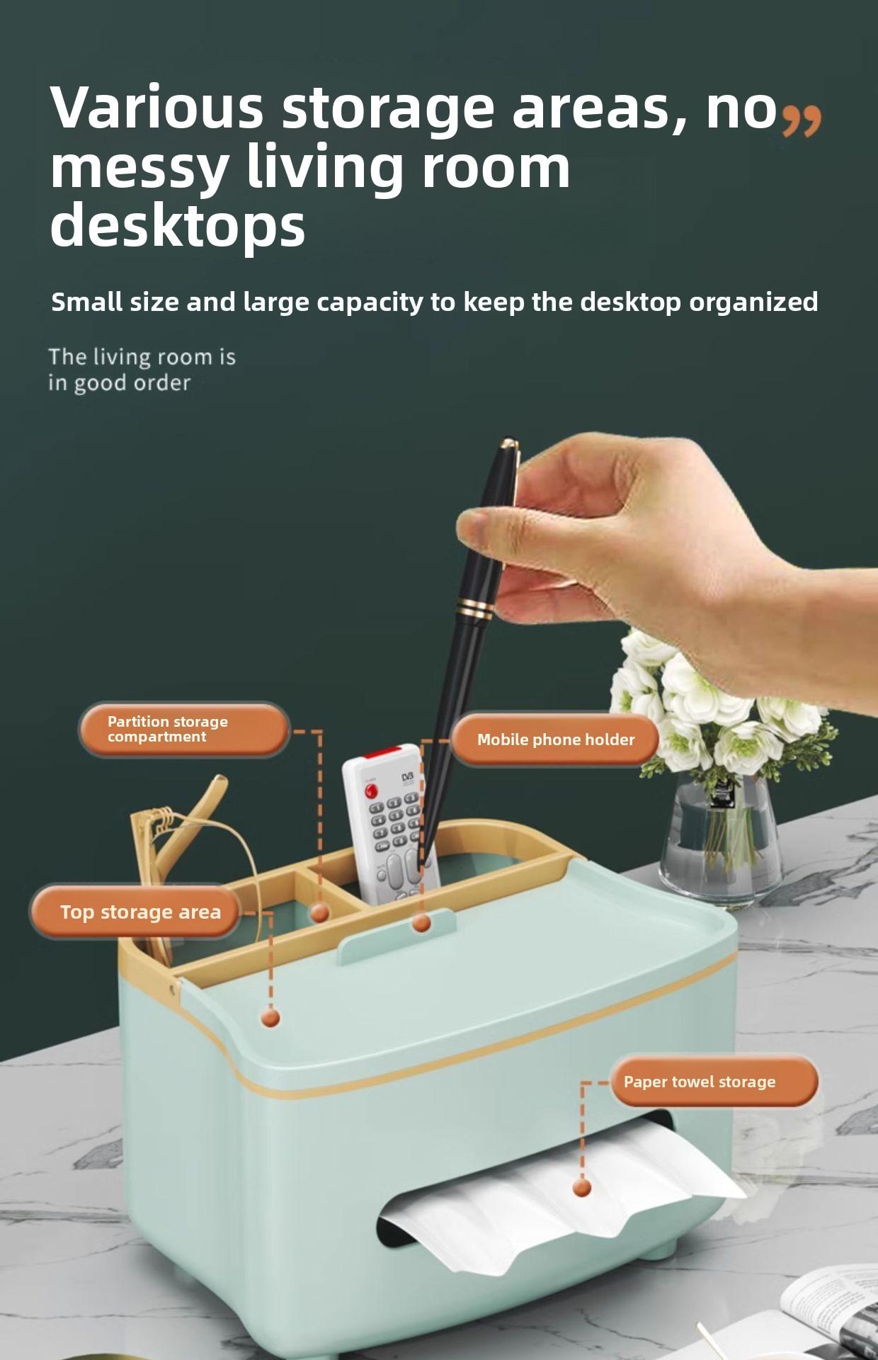 3-in-1 Remote Control Holder & Tissue Box, Tissue Dispenser with Storage Compartment, White/Mint Green - Plastic Coffee Table, Nightstand Centerpiece - Compatible with TV/Phone/DVD - Space-Saving Design, Office Organization & Storage